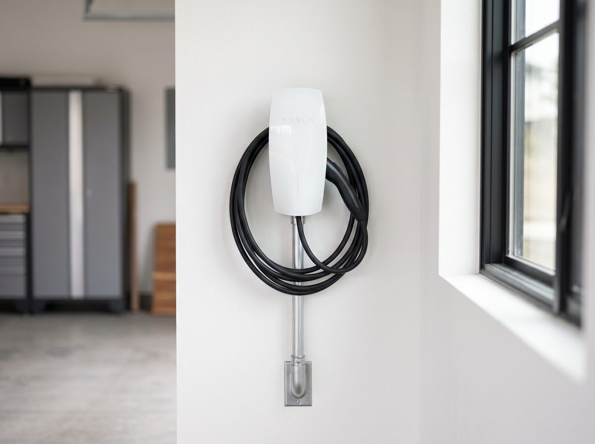 Professionally installed Tesla Wall Connector with neat conduit work