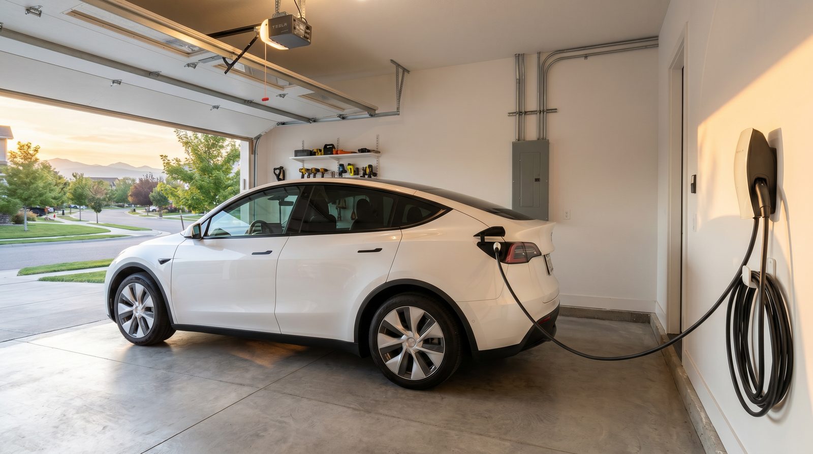 Aurora garage with Tesla Wall Connector installed and Tesla Model Y plugged in at golden hour